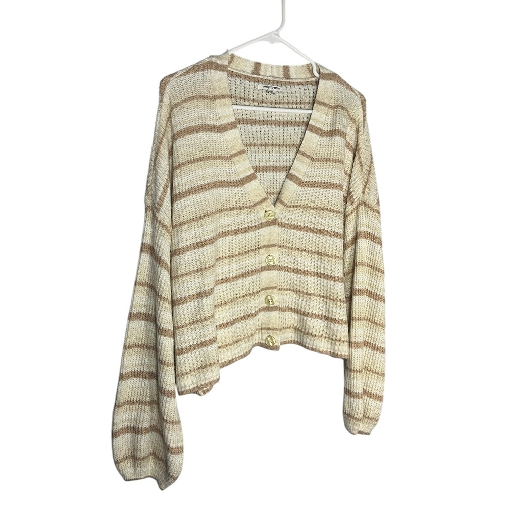 American Eagle Women's Cardigan Sweater Lightweight Large Tan/Ivory Striped - Picture 3 of 5